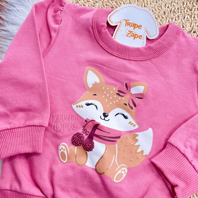 Conj. Casaco de Moletom Pequena Diva e Calça Legging Raposinha e Frutinhas - Rose